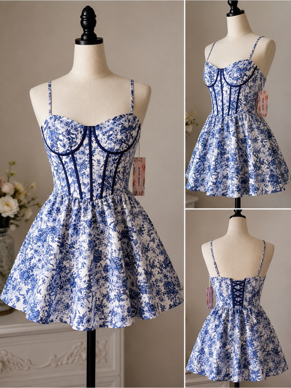NWT SHEIN MOD Blue White Floral Corset Mini Dress Cottagecore M